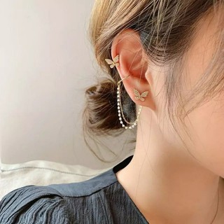 s ต่างหูผีเสื้อคริสตัลห้อยโซ่มุก • Crystal Pearl Chain Butterfly Ear Cuff