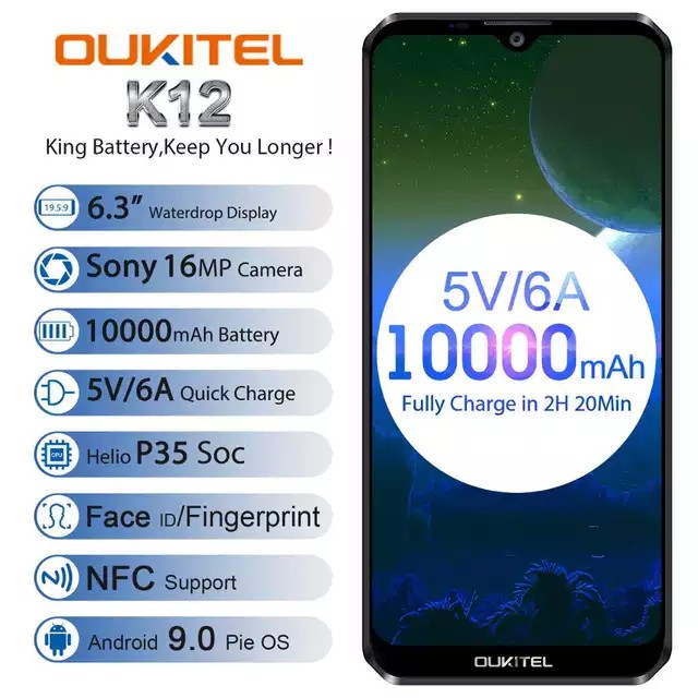 OUKITEL K12 4G กันน้ำ สมาร์ทโฟน จอ 6.3นิ้ว 6GB แรม 64GB รอม แบตอึด10000mAh แอมป์ Android 9.0 Face ID