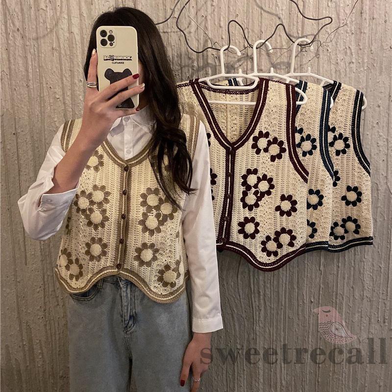 SWT-Women’s Crochet Knit Tank Tops, Vintage Sleeveless V Neck Loose Floral Sweater Vest #1