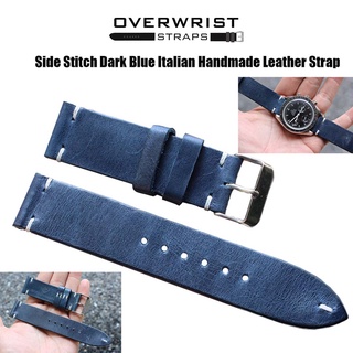 สายนาฬิกา สายหนังวัวแท้ overwrist side stitch dark blue italian handmade leather strap