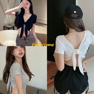 เสื้อครอปราคาถูกพร้อมส่ง เสื้อครอปผูกโบว์หน้า มีไห้เลือก2สี เสื้อครอปมินิสไตล์เกาหลี มีไห้เลือก3สี พร้อมส่งราคาสุดปัง