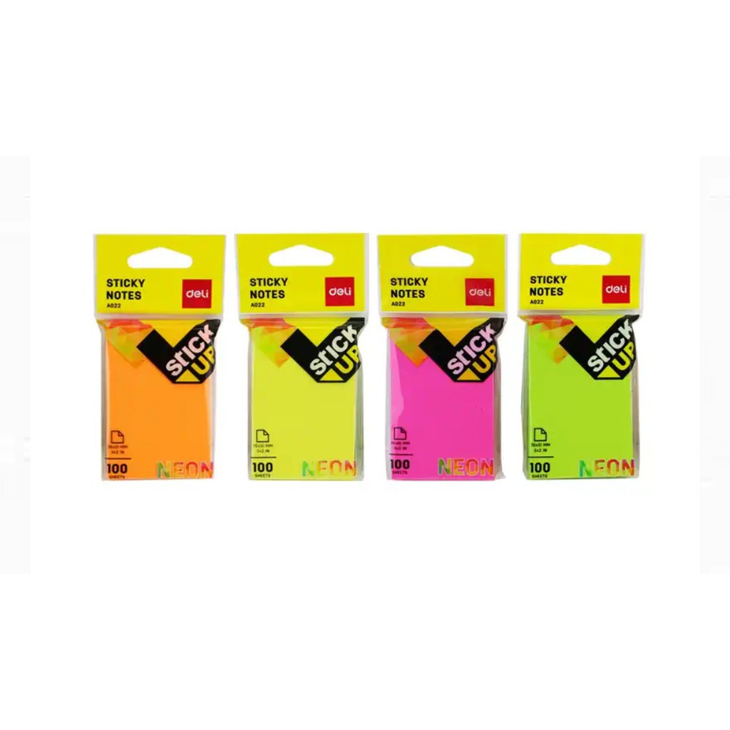 Sticky note กระดาษโน๊ตมีกาว 76×51 มม. สีนีออน 100แผ่น/ก้อน คละสี deli รุ่น A02202