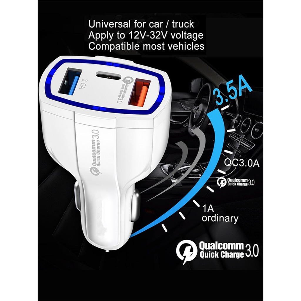 ที่ชาร์จแบตในรถ ที่ชาร์จในรถยนต์  3 พอร์ต ชาร์จเร็ว Quick Charge 3.0 7A micro usb + Type-c