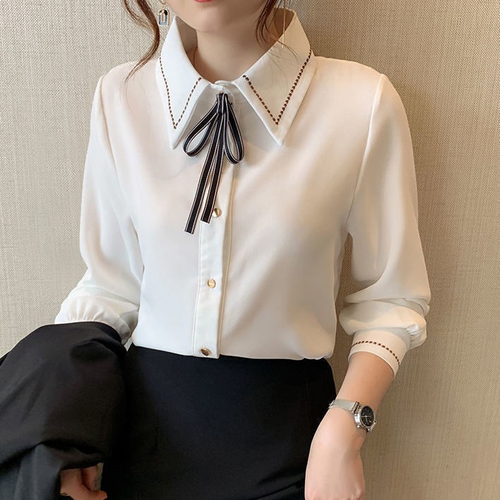 เสื้อเชิ้ตแขนยาว ผ้าชีฟอง ประดับโบว์ แบบผูกเชือก แฟชั่นฤดูใบไม้ผลิ และฤดูใบไม้ร่วง สําหรับผู้หญิง 2022