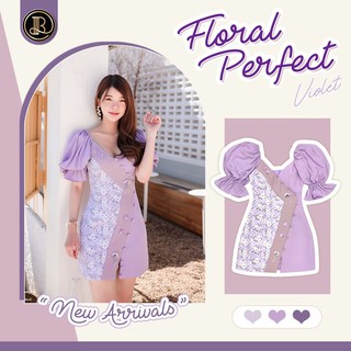 BLT BRAND เสื้อผ้าแบรนด์แท้การันตี มินิเดรสม่วงหว๊านหวาน แขนตุ๊กตาพองเบาๆแต่งระบาย คอกว้างคอวี ผ้าพิมพ์ลายดอกไม้หวานๆ