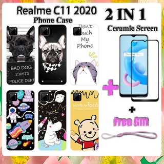 2 IN 1 Realme C11 2020 เคสโทรศัพท์ พร้อมกระจกนิรภัยกันรอยหน้าจอ เซรามิค ฟิล์มโค้ง การ์ตูน