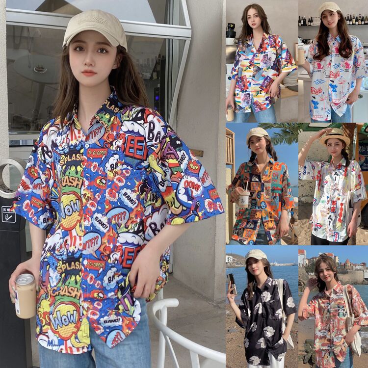 เสื้อเชิ้ตแขนสั้น พิมพ์ลายดอกไม้ ทรงหลวม สไตล์ฮาวาย เหมาะกับเดินชายหาด แฟชั่นฤดูร้อน สไตล์ฮ่องกง สําหรับผู้หญิง มี 7 สไตล์