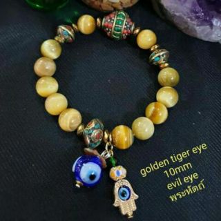 กำไลหิน☆ตาเสือTiger eye10มิล☆ร้อยกับลูกปัดเนปาลแท้☆แต่งติ้งด้วย evil eye☆