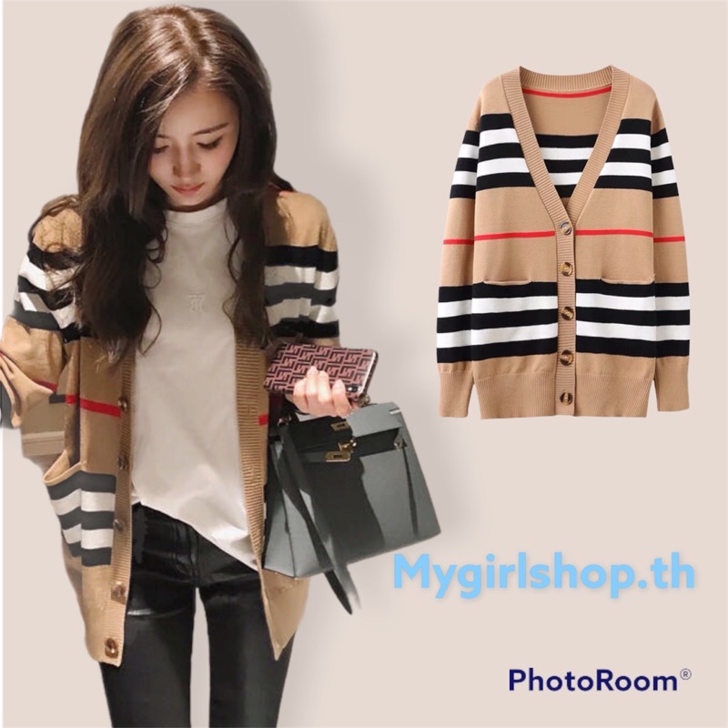 MYGRILSHOP.TH คาร์ดิแกนครีมลายทางหรูหรา4905