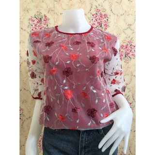 เสื้อลูกไม้ผู้หญิง  เสื้อลูกไม้สาวอวบ อก40-42  แขนสามส่วน  รุ่น42155-4208