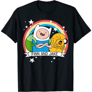 เสื้อยืด พิมพ์ลายกราฟิก CN Adventure Time Finn &amp; Jake Rainbow Banner สําหรับผู้ใหญ่Size S-5XL