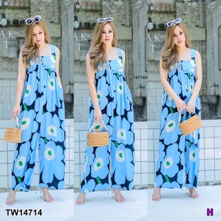 TW14714 Jumpsuit #สาวอวบ จั๊มสูทสายเดี่ยว ทรงปล่อย ด้านหลังดึงสม็อกช่วงอก มีกระเป๋าเจาะข้างลำตัว เนื้อผ้าสปัน พิมพ์ลาย