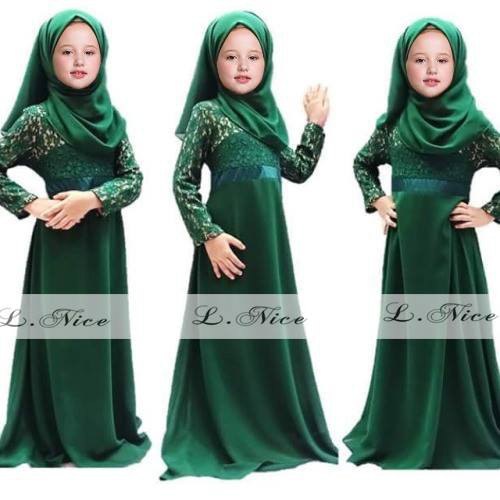 KIDS MUSLIMAH LONG DRESS EMERALD สีเขียว MARRON สีชมพู BIEGE NUDE