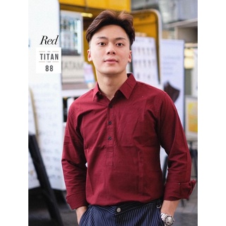 เสื้อเชิ้ตผู้ชายสีแดงเลือดหมู ผ้าOxford คอปกกระดุม4เม็ด แขนยาว ใส่สบาย ระบายความร้อนได้ดี