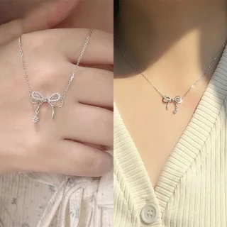 สร้อยคอโซ่ จี้โบว์ ประดับเพชรน่ารัก แฟชั่นเรียบง่าย สไตล์เกาหลี สําหรับผู้หญิง