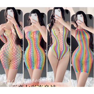 👗พร้อมส่งจากไทย 👙ชุดตาข่าย ลายเรนโบว์สายรุ้ง