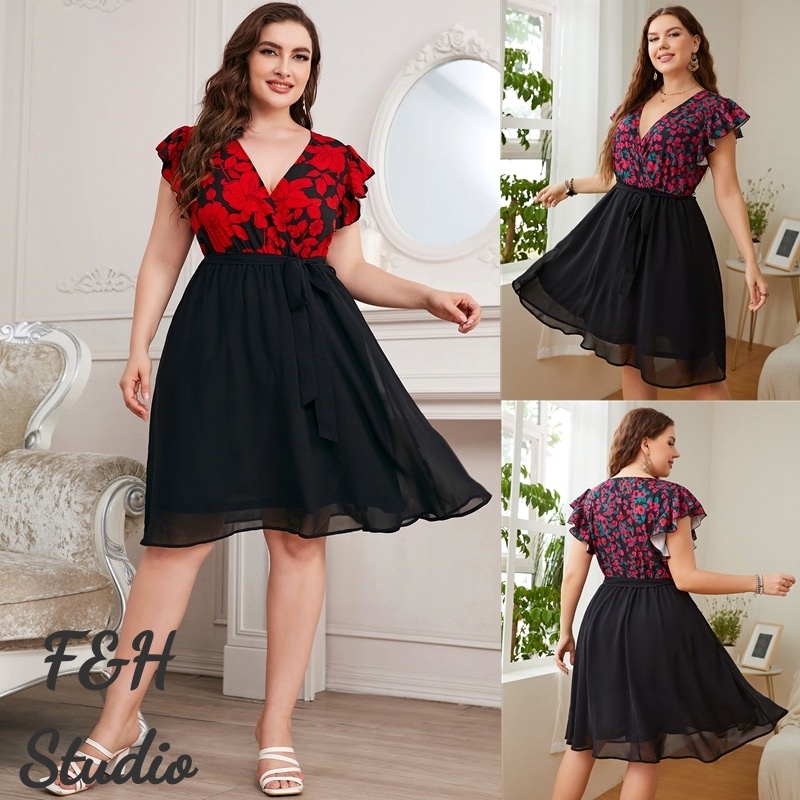 F&H 3044-2 สี XL-4XL พิมพ์หลวม V คอ Plus ขนาดผู้หญิงชุด