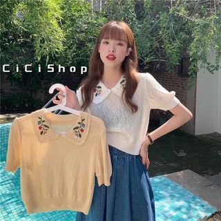 Cicishop(85006) เสื้อแขนสั้นไหมพรมถักknit คอปกซีทรูเบาๆ ปักลายดอกไม้ โซคิ้วมากก