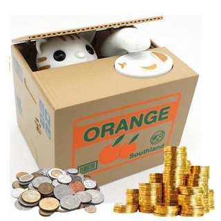 MOMMA กล่องออมสิน แมวขาว ขโมยกวักเหรียญ (White Cat Mischief Saving Box Coin : Orange