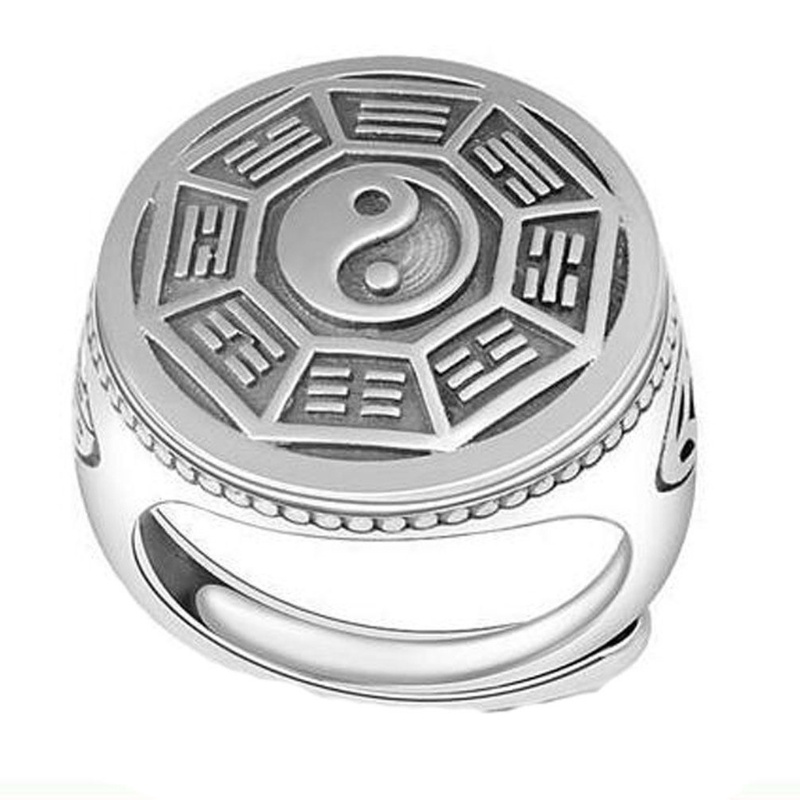 QUU Bagua Balance Ring ปรับเงิน Vintage Yin Yang สัญลักษณ์ Gossip Lucky Ring
