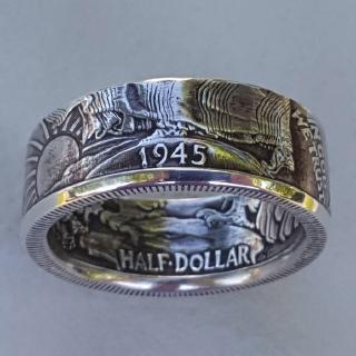 New style handmade coin ring vintage Morgan silver coin half dollar 1945 engraved ring 7-14