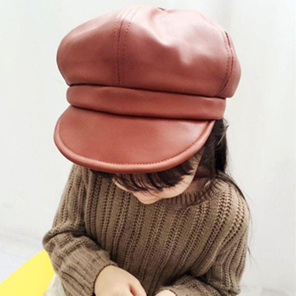Fash หมวกเบเร่ต์เด็ก Casual Vintage PU หนังสีทึบวงยืดหยุ่นเด็กจิตรกรหมวก