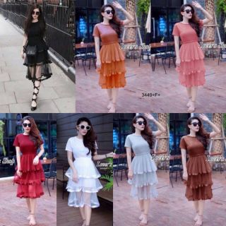 👗เดรส5ส่วนต่อระบายผ้าตะข่ายซีทรูกุ้นขอบริบบิ้น3ชั้น👗
