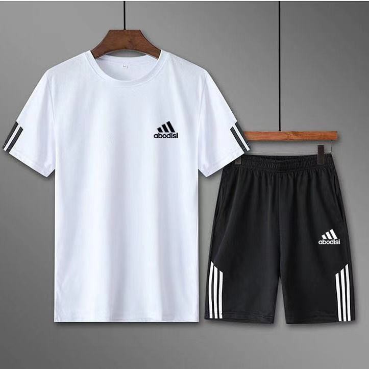 ชุดกีฬาผู้ชายสบาย ๆ กลางแจ้งแห้งเร็วระบายอากาศแขนสั้นเสื้อยืดคอกลมไซส์ใหญ่วิ่งออกกำลังกาย【เสื้อ+กางเกง】