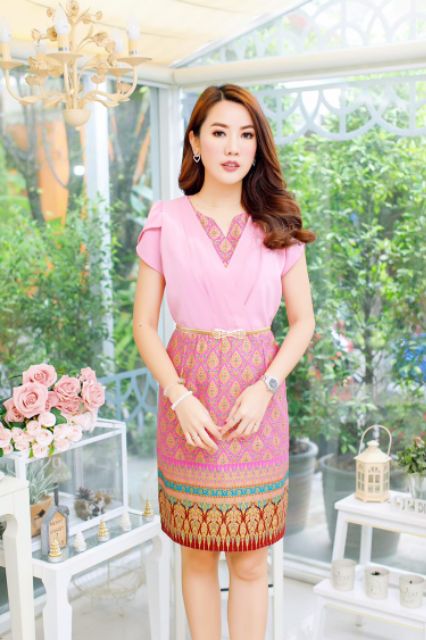 A055 ชุดเดรสผ้าไทยพิมพ์ทองลายอโยธยา มีไซส์  XL