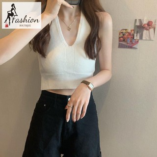 เสื้อครอ ปแขน  ไหม พรม ดีเทล แต่ง เสื้อครอ ปเสื้อคอวี summer new V-neck halter straps waist was thin short wee