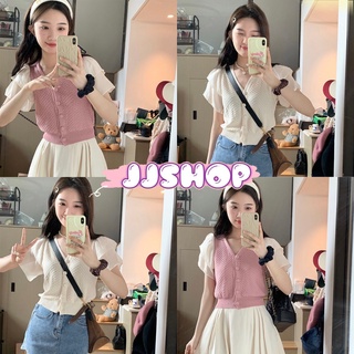 JJ shop 💜พร้อมส่ง เสื้อคอวีไหมพรมแขนสั้น สีพื้นกระดุมหน้าแขนเสื้อชีฟองใส่สบาย "32109" -C