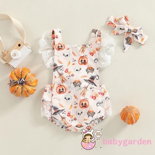 Babygarden-0-24 เดือน ชุดรอมเปอร์ แขนกุด พิมพ์ลายฟักทอง กะโหลก ลูกไม้ แต่งระบาย พร้อมที่คาดผม สําหรับเด็กทารกผู้หญิง ฮาโลวีน