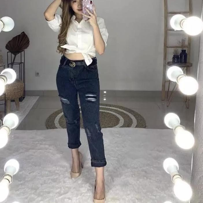 ยอดนิยมที่สุด - Samantha Snow Black Boyfriend Jeans / Ripped Lapis Boyfriend