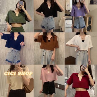 Cicishop(พร้อมส่ง)เสื้อครอปไหมพรมแขนสั้นคอปกหน้าวีแหวกลึก( 5951-1)