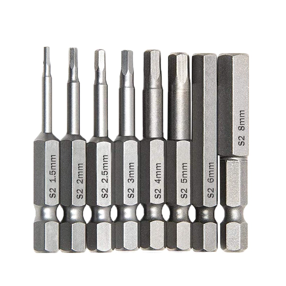 Kractige 8 ชิ้น S2 เหล็ก Hex Head Bits | ยาว50มม | 1/4" ก้านหกเหลี่ยม | ชุดไขควงกุญแจอัลเลน 1.5-8 มม | แม่เหล็ก
