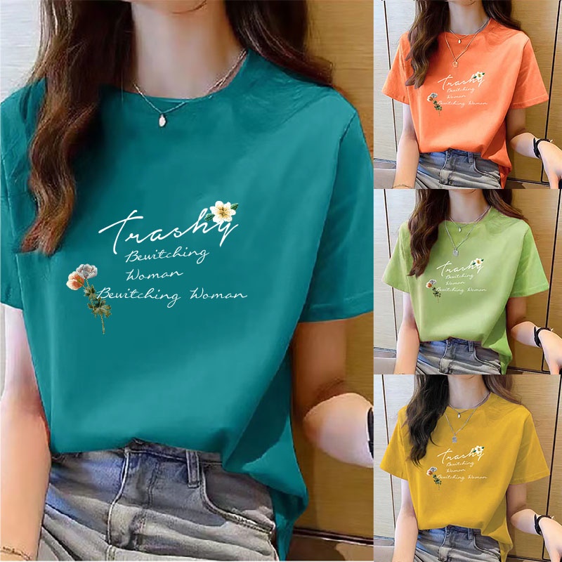 ผู้หญิงเสื้อยืดแขนสั้นผู้หญิงเกาหลีรุ่นเสื้อยืด ผอมลง ดูด้านบนแฟชั่นฤดูร้อนพิมพ์รอบคอฤดูร้อนสาวเสื้อผ้าพอดีหลวมสบายๆขนาดใหญ่สั้น @