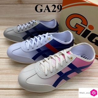 GiGa Ga29 รองเท้าผ้าใบ ผูกเชือก แบบหนัง สีทูโทน (36-44) กรม/เทา/ชมพู