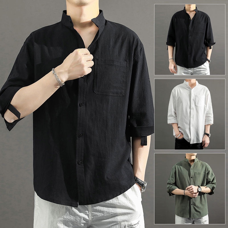 COD M-3XL เสื้อเชิ้ตผ้าลินินชายทรงหลวมขนาดบวกเกาหลีแฟชั่นเสื้อเชิ้ตผู้ชาย