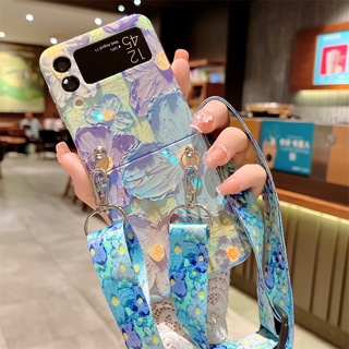 เคสโทรศัพท์มือถือ ลายดอกไม้ 3D พร้อมสายคล้องคอ และช่องใส่บัตร สําหรับ Samsung Galaxy Z Flip4 Flip3 Flod 4 3 Huawei P50pocket