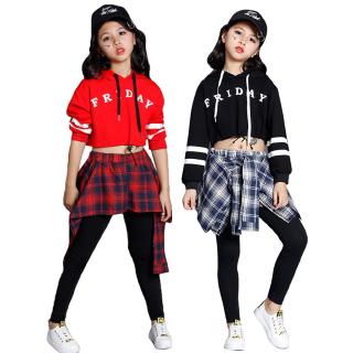 2Pcs เด็กผู้หญิง HipHop แจ๊สเครื่องแต่งกาย Street Dance Letter พิมพ์กระโปรง Legging ชุดเสื้อผ้า  ชุดเต้น ชุดแดนซ์ เสื้อมีฮูด กางเกงวอร์มดำ