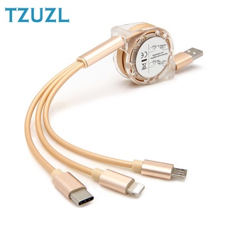 TZUZL 3 In 1 พับเก็บได้ Micro USB Type-C สายชาร์จข้อมูล สายชาร์จ แบบพกพา