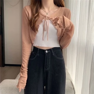 Elves✨พร้อมส่ง✨เสื้อคลุมไหมพรมซีทรู ดีเทลเชือกด้านหน้าปลายหยักดูดีมาก ~ Q605 ~ -C