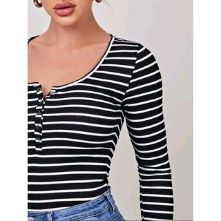 SHEIN เสื้อยืด ลายลูกฟูก ลายทาง ไม่เป็นทางการ