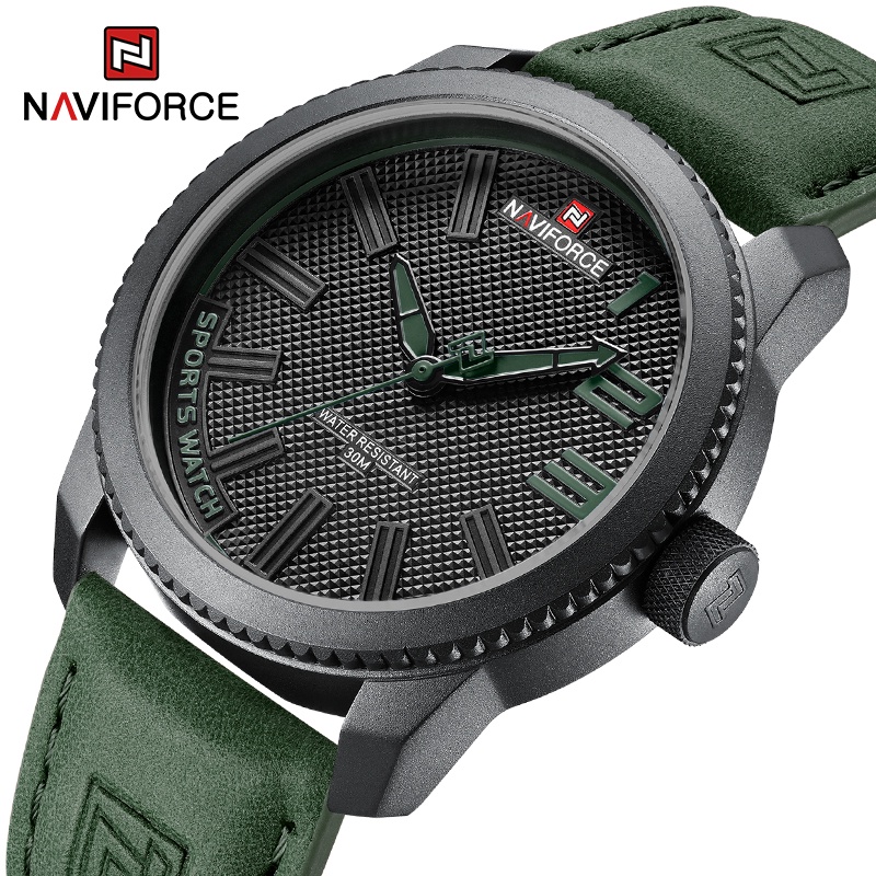 Naviforce นาฬิกาข้อมือแฟชั่น สายหนัง กันน้ํา สีเขียว สําหรับผู้ชาย