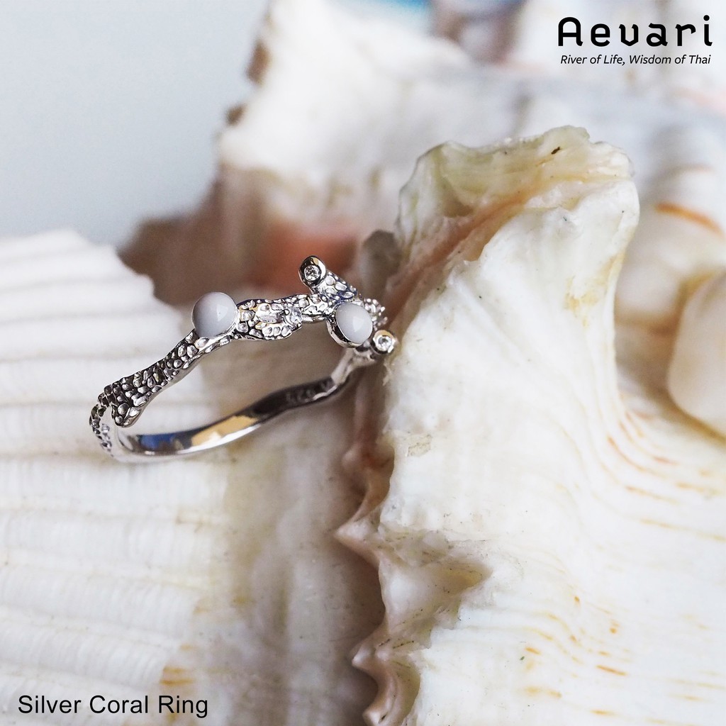 Aevari Silver Coral Ring 925 Silver with Cubic Zirconia Rhodium Plated ...