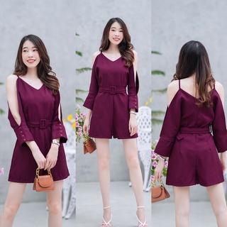 hbstation.shop เสื้อผ้าแฟชั่น Jumpsuit สีแดงเลือดหมู พร้อมส่ง