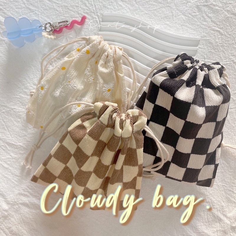 (พร้อมส่ง ) cloudy bag. •ถุงผ้าทรงเชือกรูด ผ้าลูกฟูก น่ารักมาก มีให้เลือก 20 แบบ ใส่ของจุกจิก