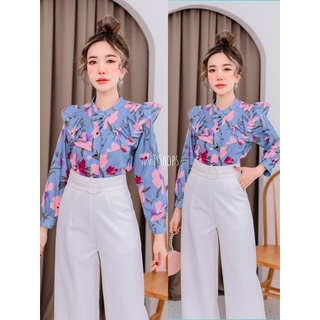 เสื้อทำงานผู้หญิง แขนยาวแฟชั่นผู้หญิง ลายดอกชบา ผ้าวูลพีชเกรด A พิมพ์ลายชัดเจน มือ 1