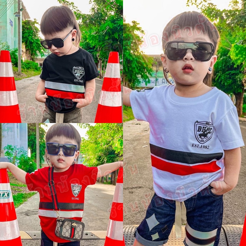 เสื้อยืดคอกลมเด็ก เสื้อยืดแขนสั้น ดีเทลคาดสองเส้น มี 3 สีให้เลือก