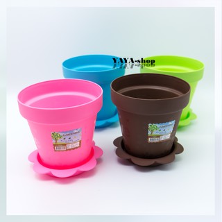 YAYA-shop กระถางต้นไม้ทรงกลมพร้อมจานรอง แพ็ค 4 ใบ 4 สี FP-6024-FC